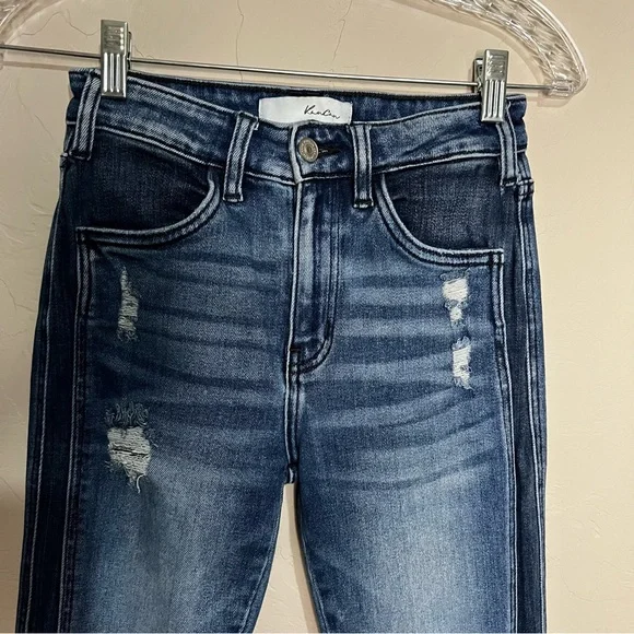 Kancan Morgan High Rise Flare Two Tone Raw Hem Flare  Distressed Denim Jeans - Picture 6 of 12